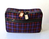 SALE Vintage suitcase weekender checked rockabilly plaid purple red black vegan German 70s luggage