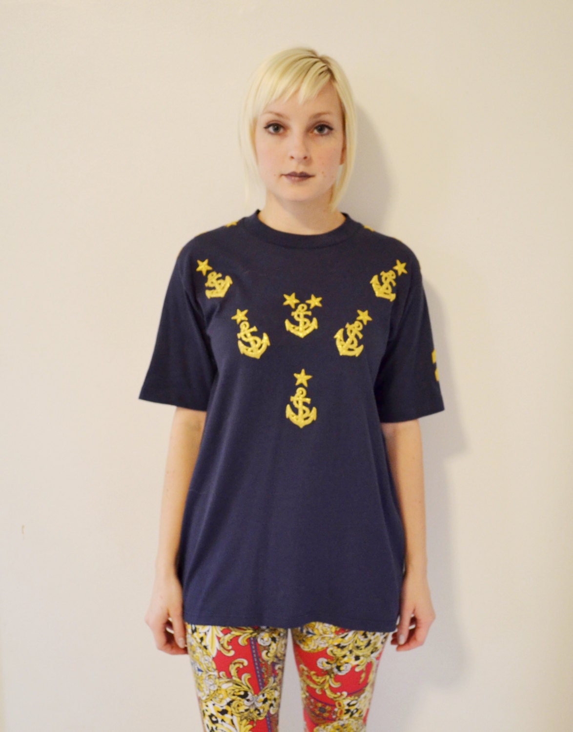 Vintage NAUTICAL MILITARY Style Tee //  Navy  and Gold GLITTERY Stars and Stripes Tshirt