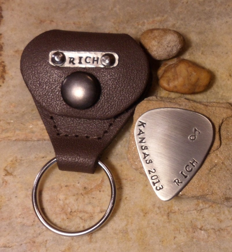Personalized Brown Leather Guitar Pick Holder/ Pick Case-Pick Combo/ choice of metal