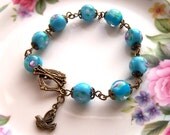 Bird Bracelet, Cute Charm Bracelet, LInked, Turquoise Blue Beaded Vintage Style Bracelet, Delicate, Pretty, Shabby Chic