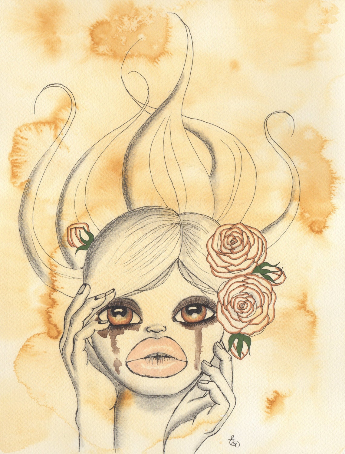 Crying girl watercolour pen and pencil art print 8x10