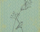 Blue aqua bird and flower art print 8x10