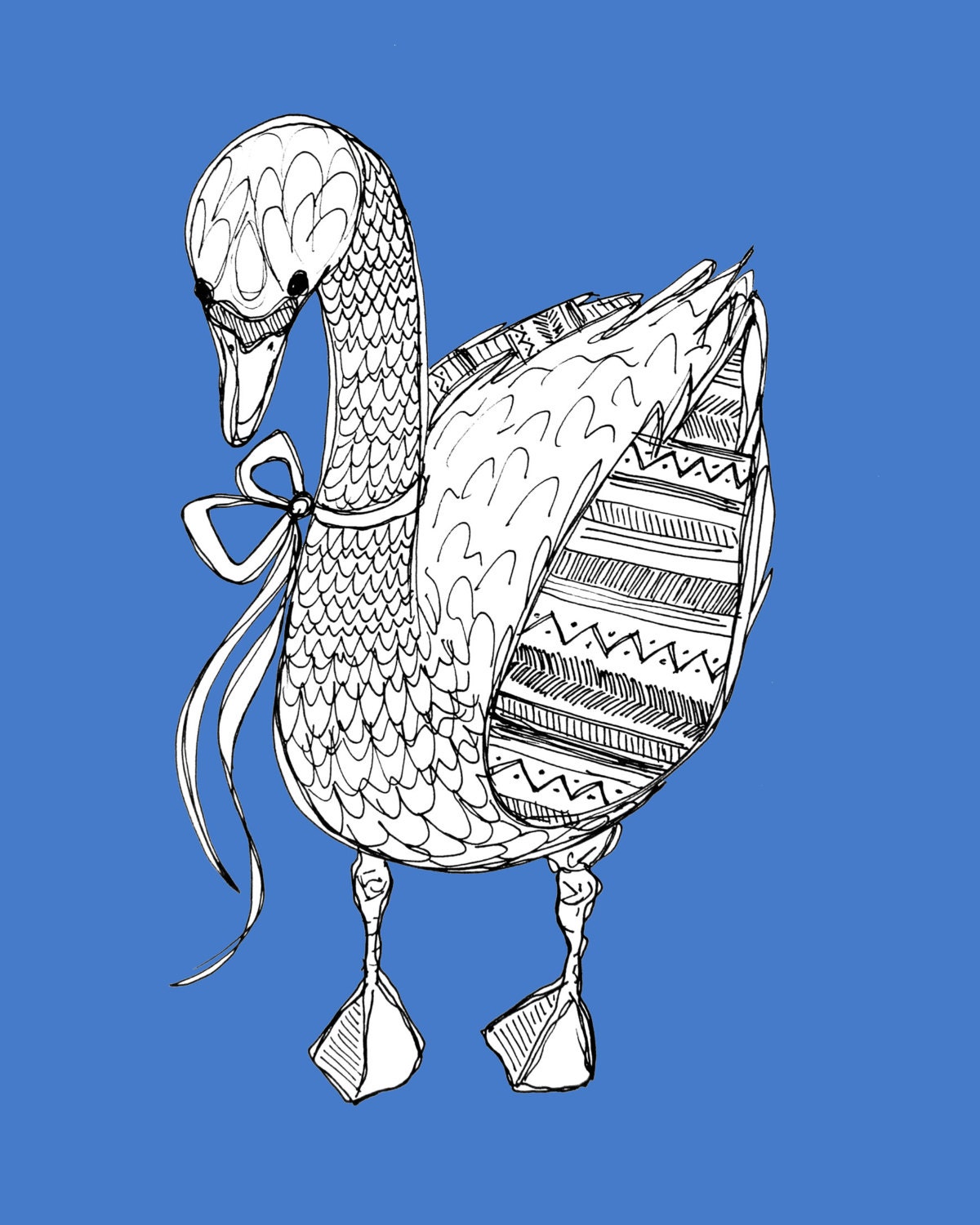 8x10 Giclee Art Print - Original Drawing of a Swan with Blue and Geometric Patterns