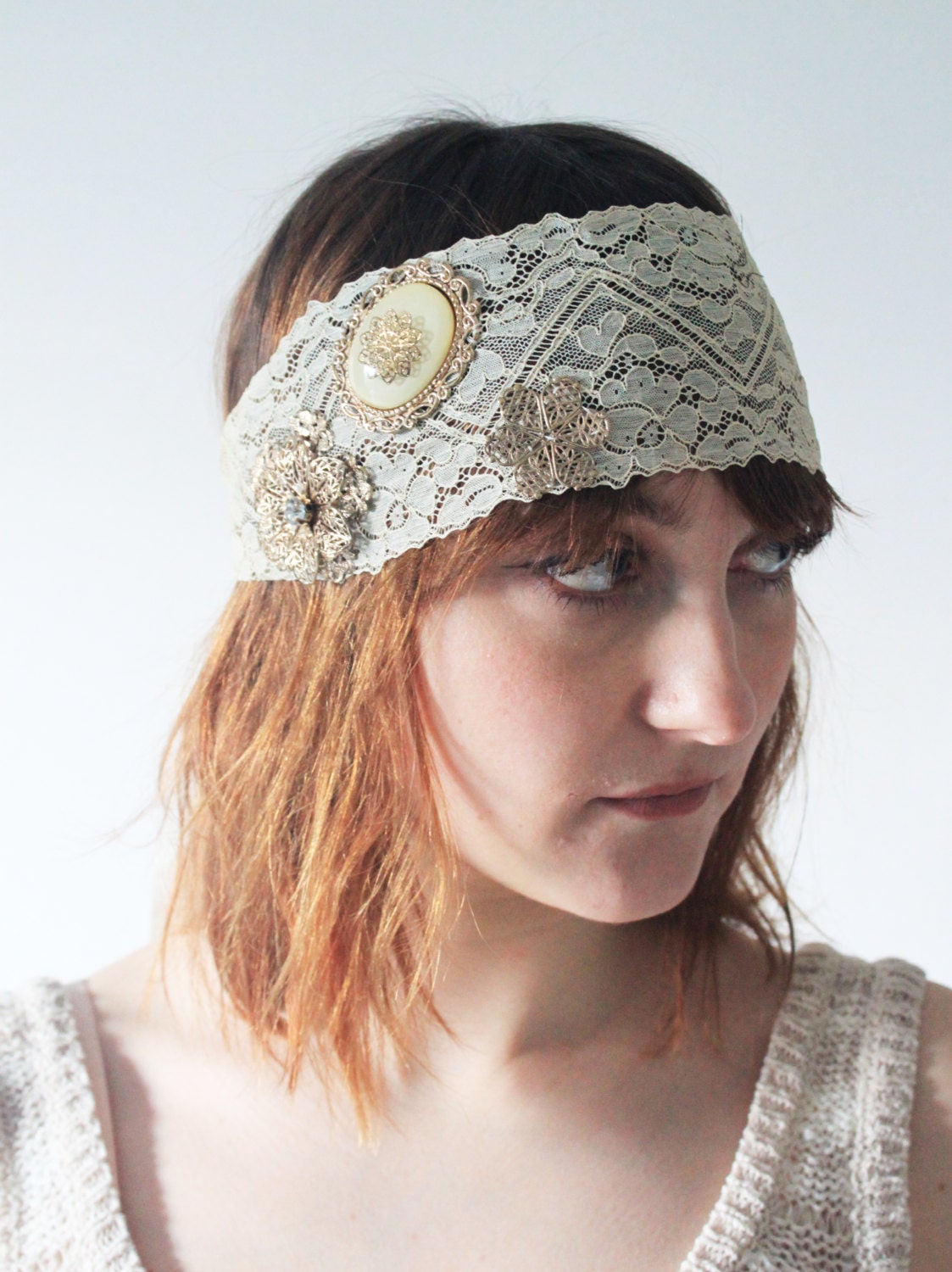NEW IN: Antique Lace Headband Embellished with Gold Flowers - FREE Shipping
