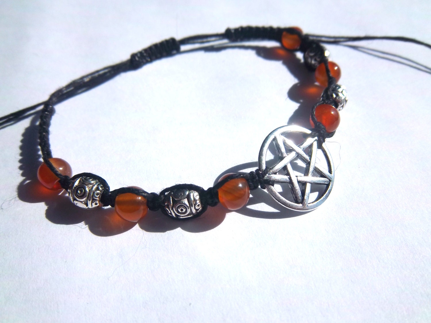 Pentacle Bracelet with Carnelian and Silver Beads: Black Hemp Adjustable Unisex