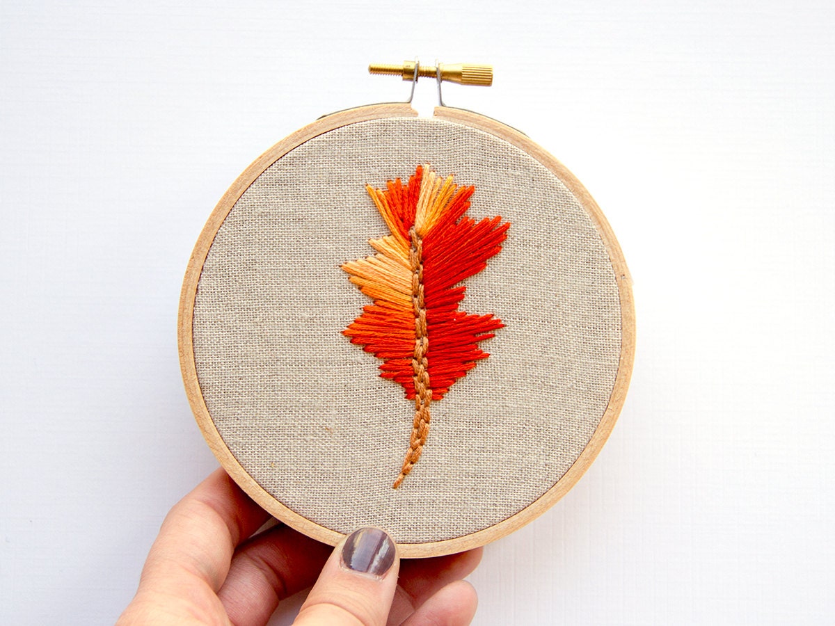 Ombre Feather Embroidery - Orange Sunset - 4 Inch Hoop Art - Hand Embroidered - Boho Wall Art - Hipster Decor - Spring Home Decor