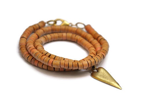 Gold Heart and Wood Wrap Bracelet