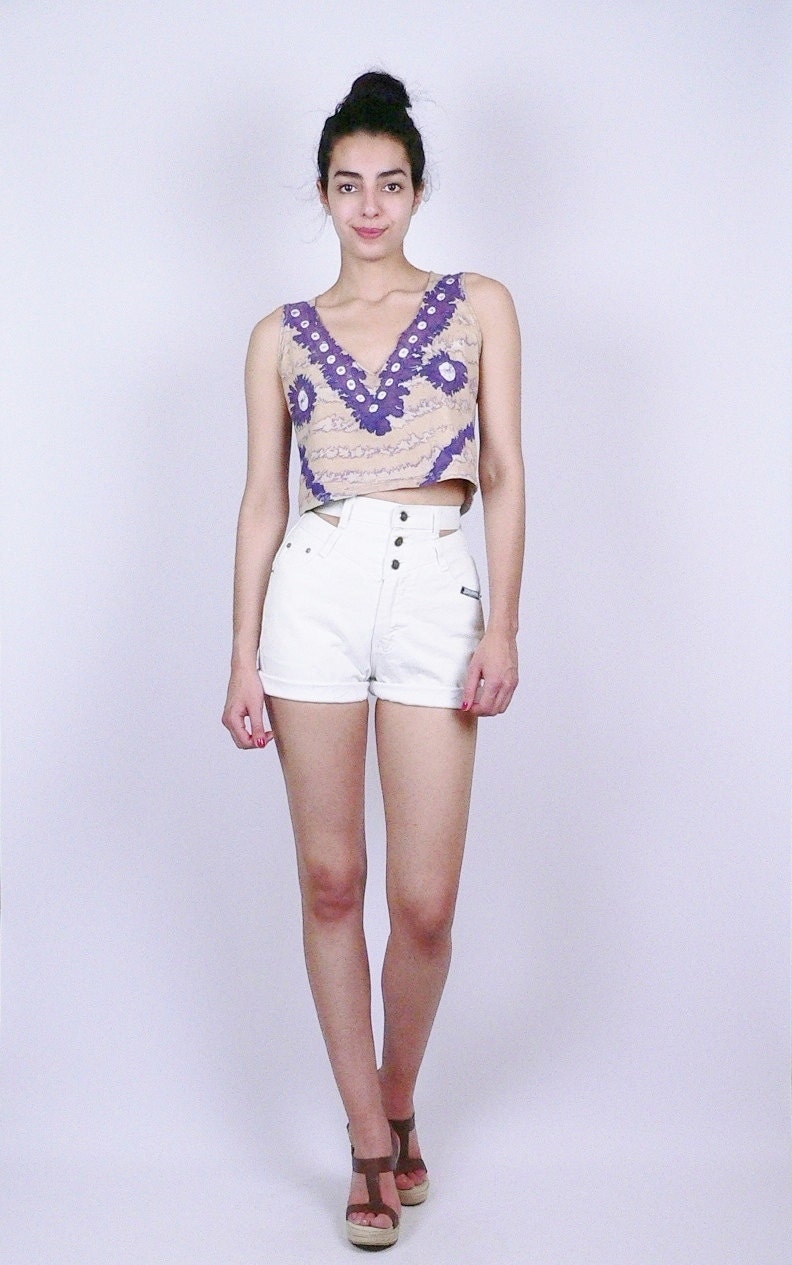 White High Waisted Denim Roll Up Shorts w/ Cut Outs