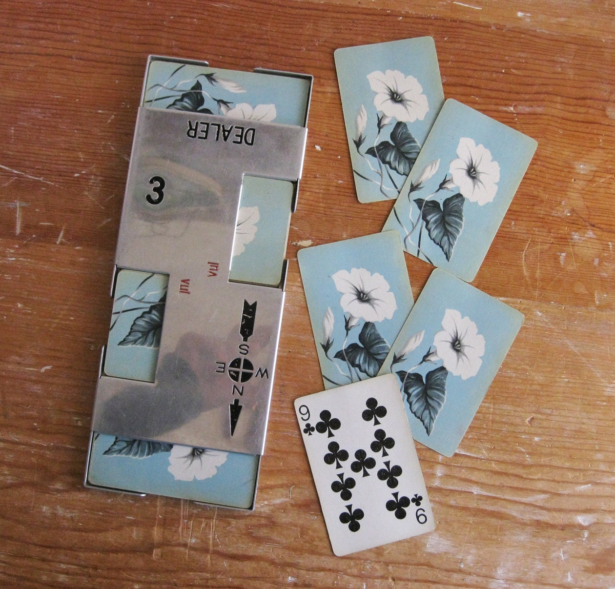 Vintage Dealer Bridge Board with 52 Card Deck, 1950's Floral Motif, Aluminum & Felt