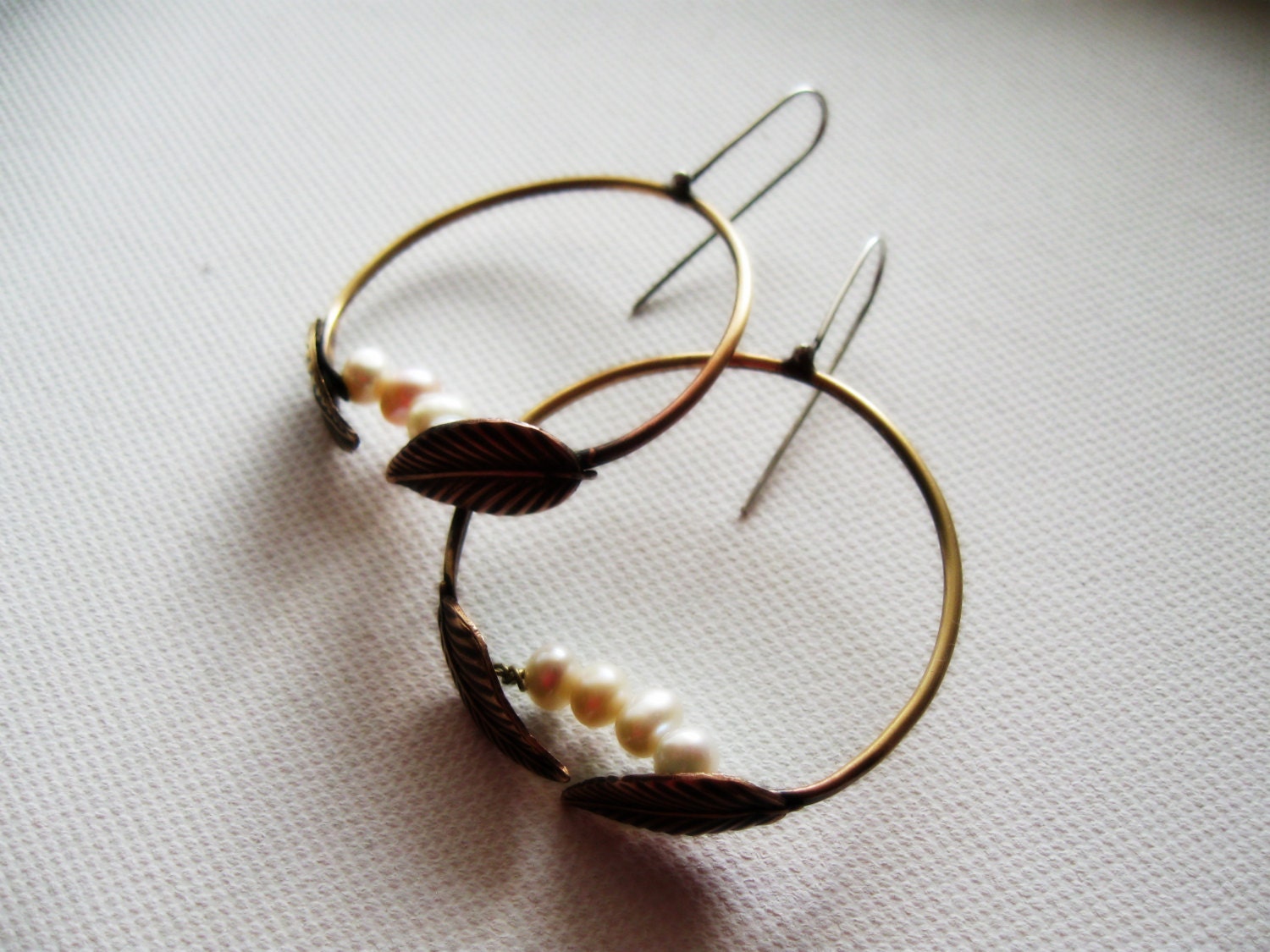 Pearl Hoop Earrings June Birthstone Leaves Brass Sterling Silver Leaf Dangles White Freshwater Gemstone  Rustic Industrial Jewelry