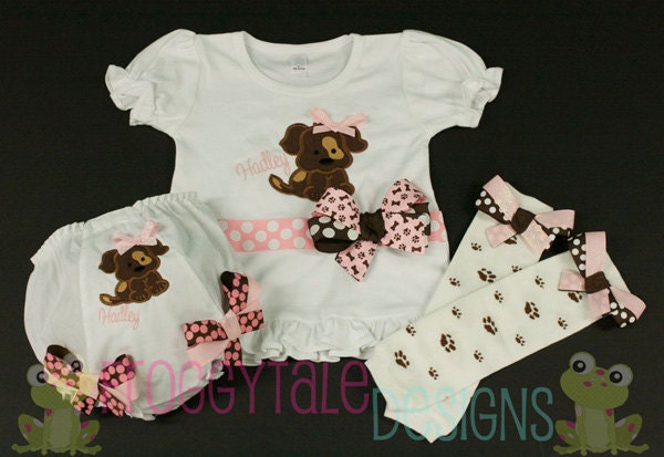PeRsOnALiZeD CUTE Pink Puppy Dog Bodysuit Onesie or Toddler Shirt, Diaper Cover and Leg Warmer Set for Little Girls - Custom