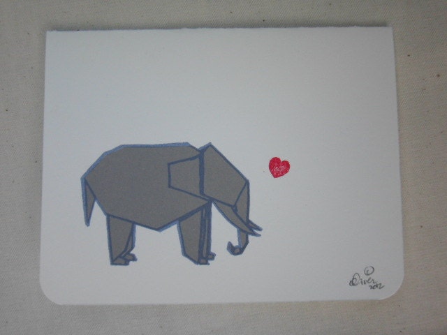 Origami Elephant In Love- Screenprinted, Blank Greeting Card, Valentine's Day Card
