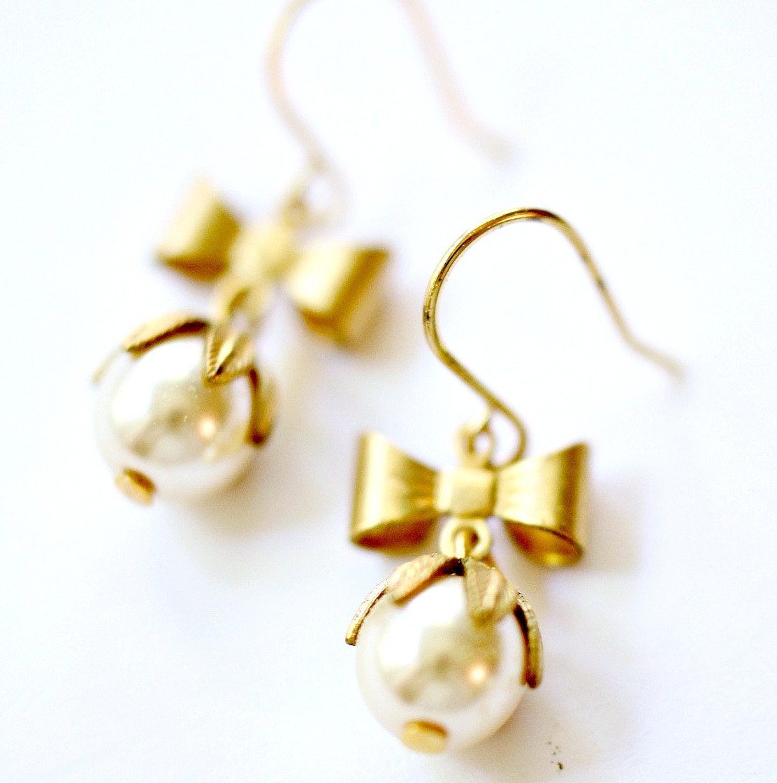 Bridal Glass Pearl Dangle Earrings with Golden Bow