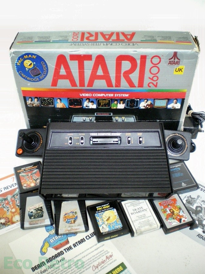 Vintage 1980s Black Atari VCS 2600 Games Console plus Original Box