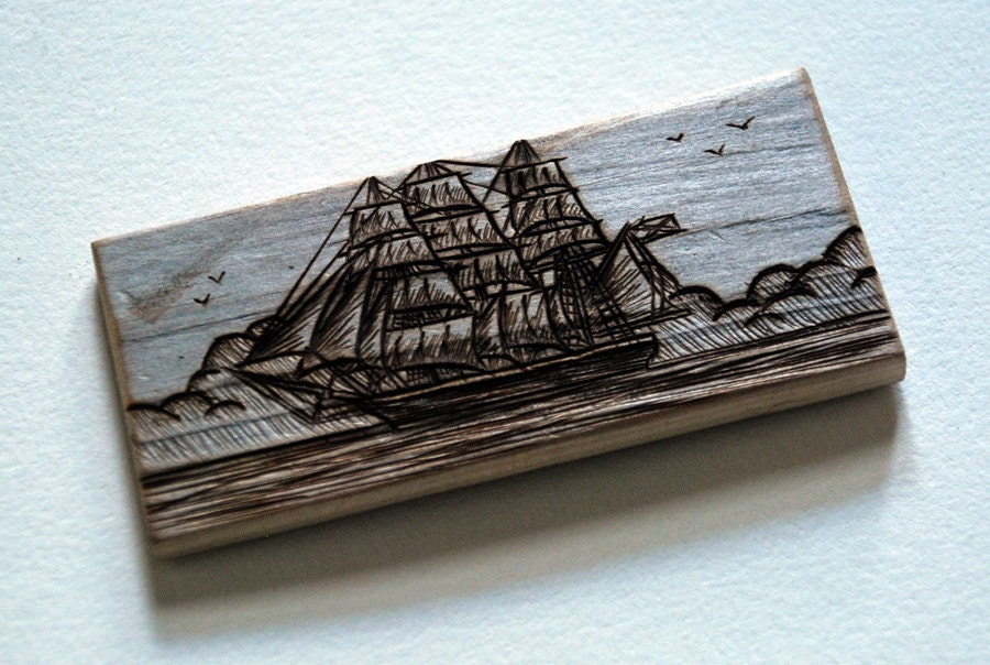 Woodburned Driftwood Magnet - Ship in Full Sail