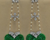 Magnificent natural green jade and diamond rare long drop earrings