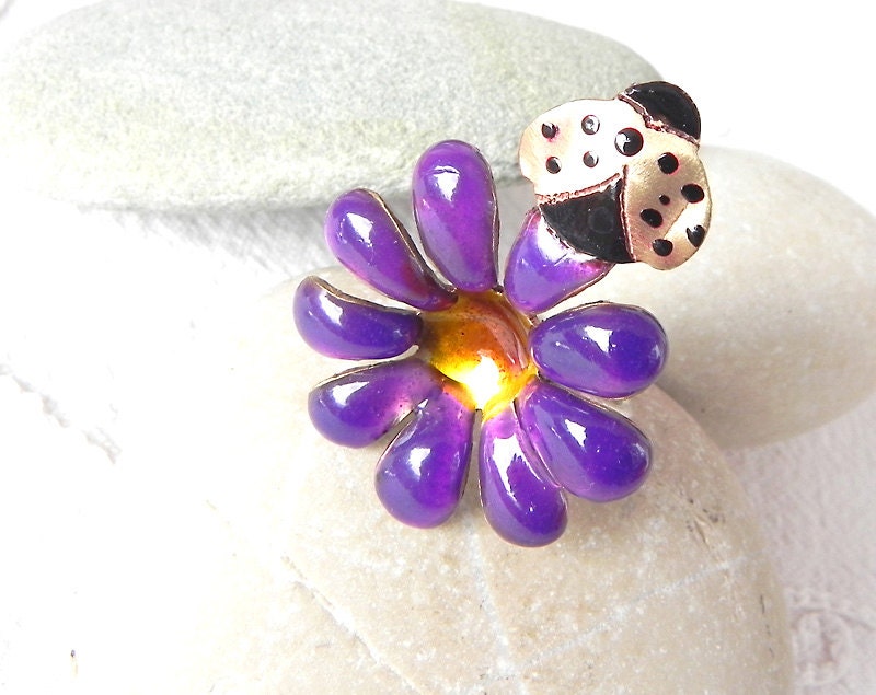 Handmade 3D brass flower with enamel, ladybug, sterling silver wire ring base.