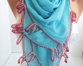 NEW- Blue Cotton Shawl Scarf  Oya Headband- Crochet edge scarf- cotton scarf- headband scarf Lace scarf