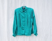 Secretary blouse silky shimmer polyester teal blue green satin top long sleeve shirt / button down / pleated / shoulder pads