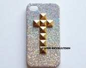 Studded gold glitter luxury hard iPhone 4/4S case with upright  gold pyramid studs cross  ready to ship next business day :)