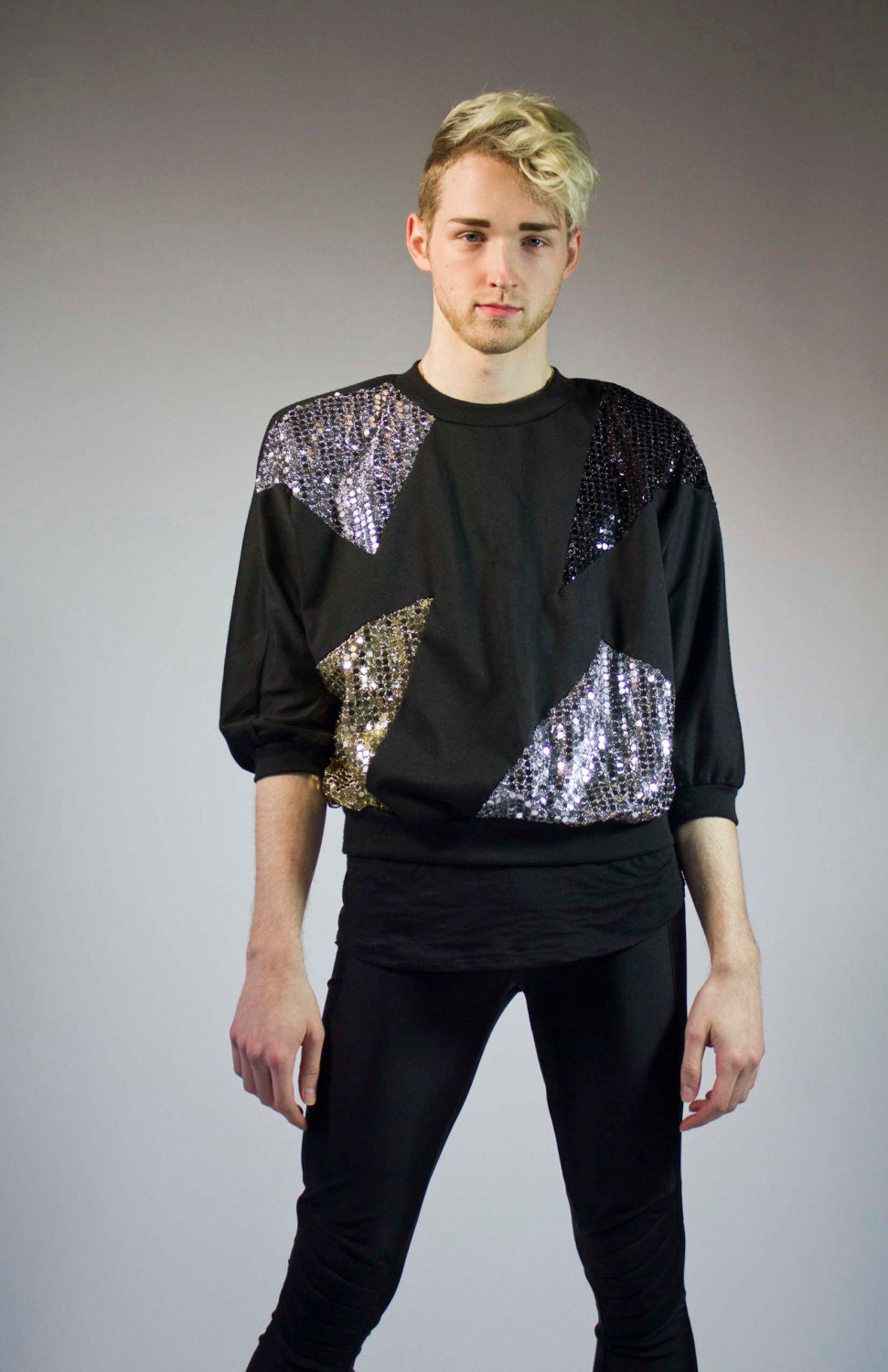 80s sequin applique black sweatshirt / SILVER X GOLD / SM