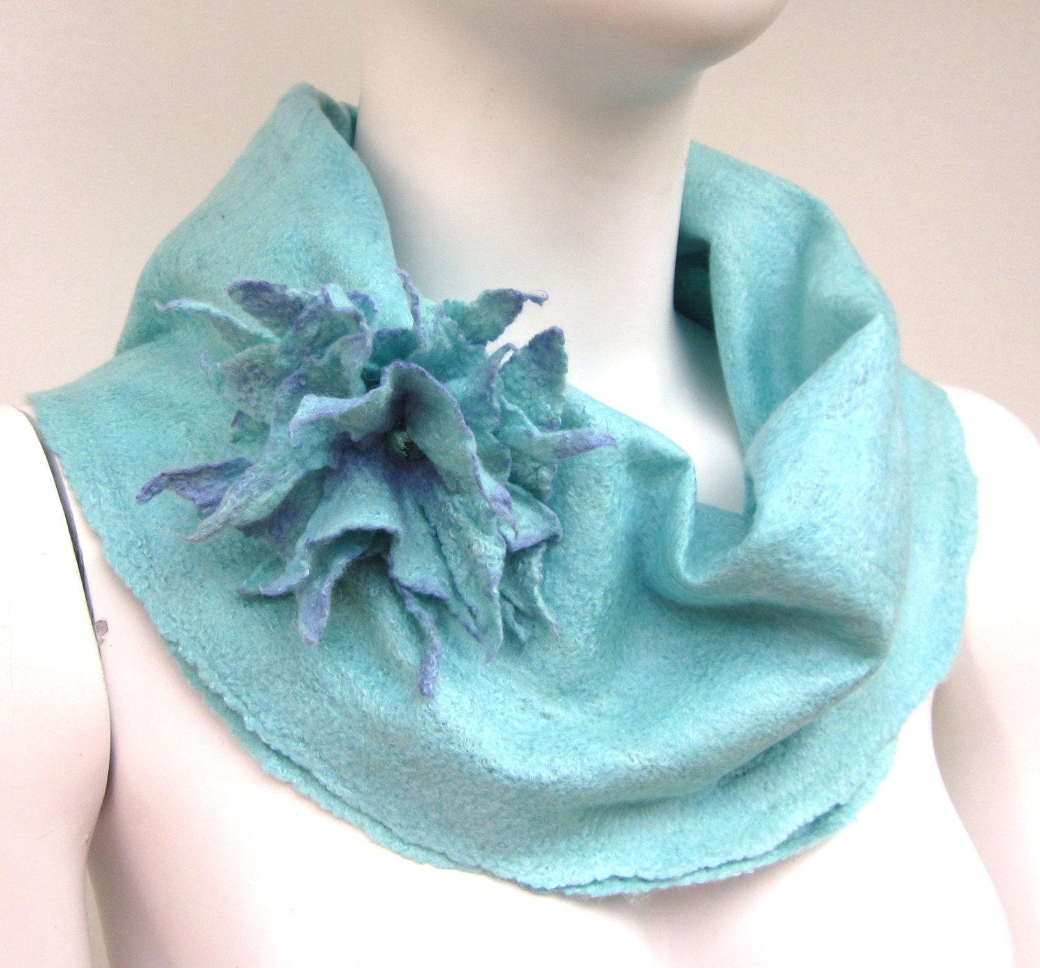 Aqua Cobweb Felted Cowl and Felt Flower Pin Australian Superfine Merino and Silk