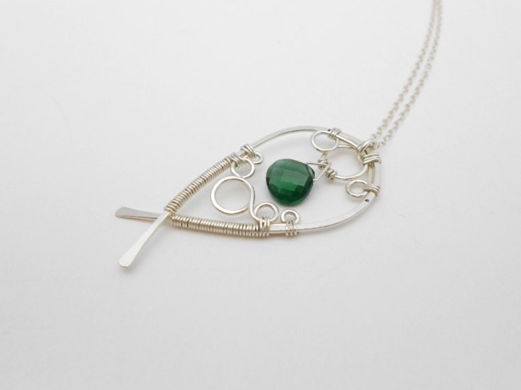 Wire Wrapped Necklace, Silver Pendant, Silver and Green, Green Quartz