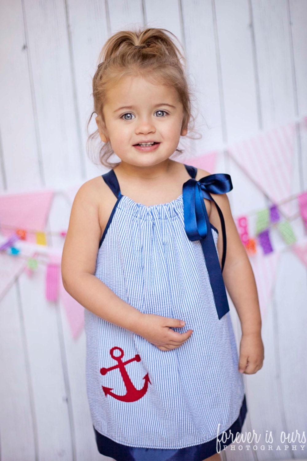 Nautical Summer Pillow Case Dress Red Anchor Blue White Seersucker Pillowcase Baby Girl  Photography Prop Birthday Party Beach Dress