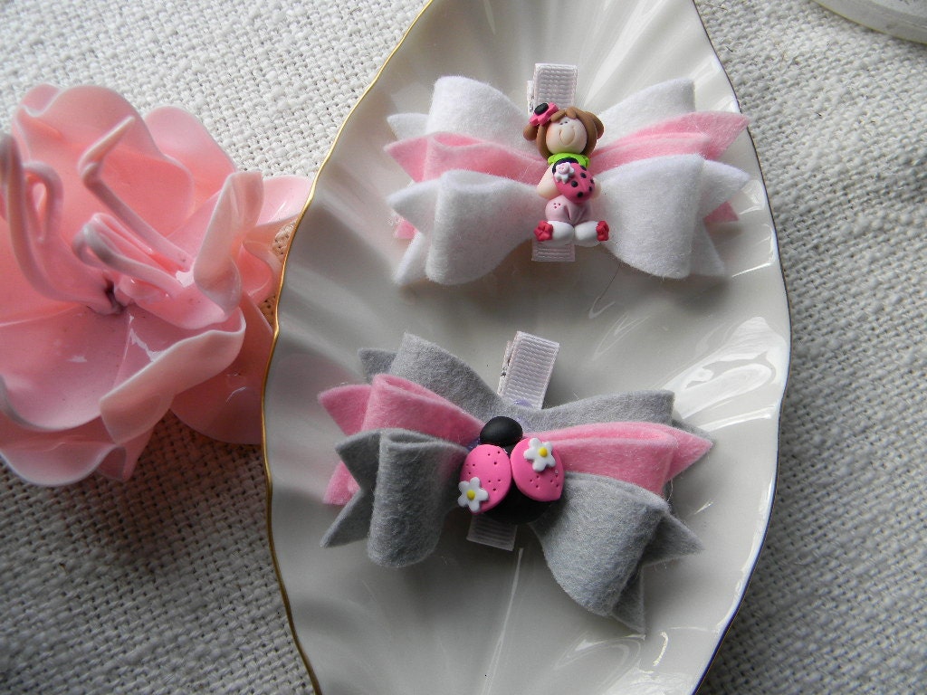 Triple Felt Bow Clippies with Ladybug and Girl Fimo Accents