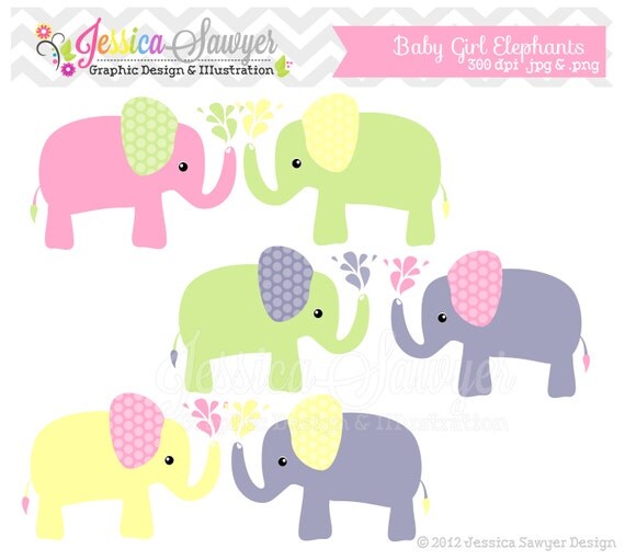 INSTANT DOWNLOAD, elephant clipart - baby girl - digital element - commercial use - card making - scrapbook - digital element Il_570xn