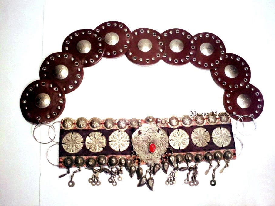 Leather Turkoman tribal fusion belly dance belt. 2 piece modular belt. Handsewn tribal belly dance costume. OOAK