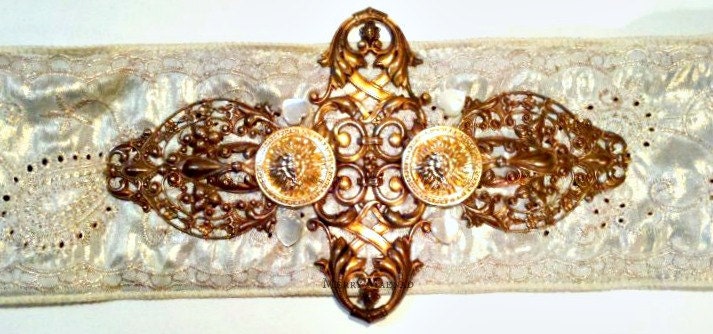 Corset belt in white and brass - Art Nouveau style bridal sash. Womens accessories. "Cestus" OOAK