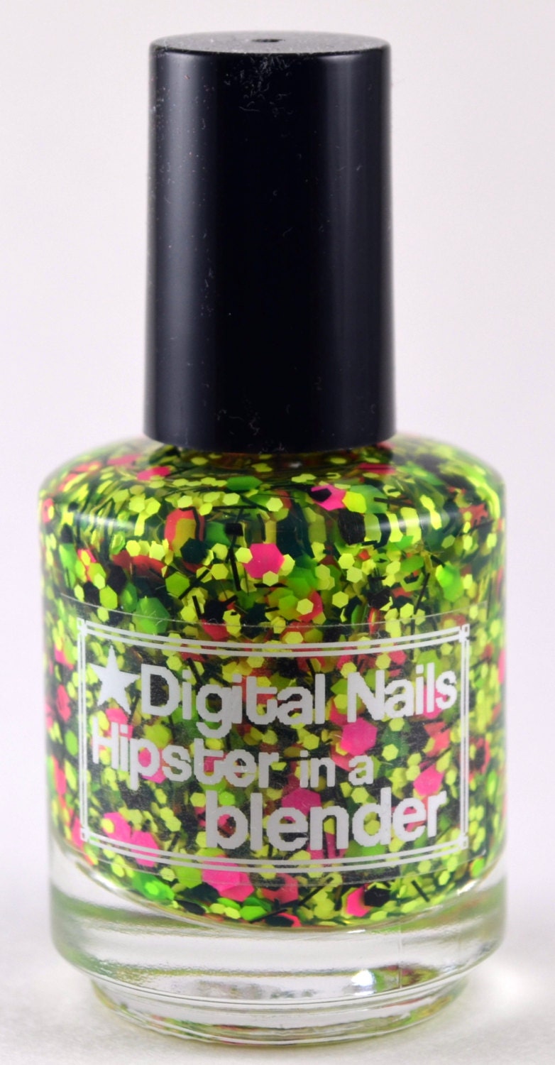 Hipster in a blender: Digital nails dayglo true neon glitter topcoat inspired by free sunglasses at SXSW