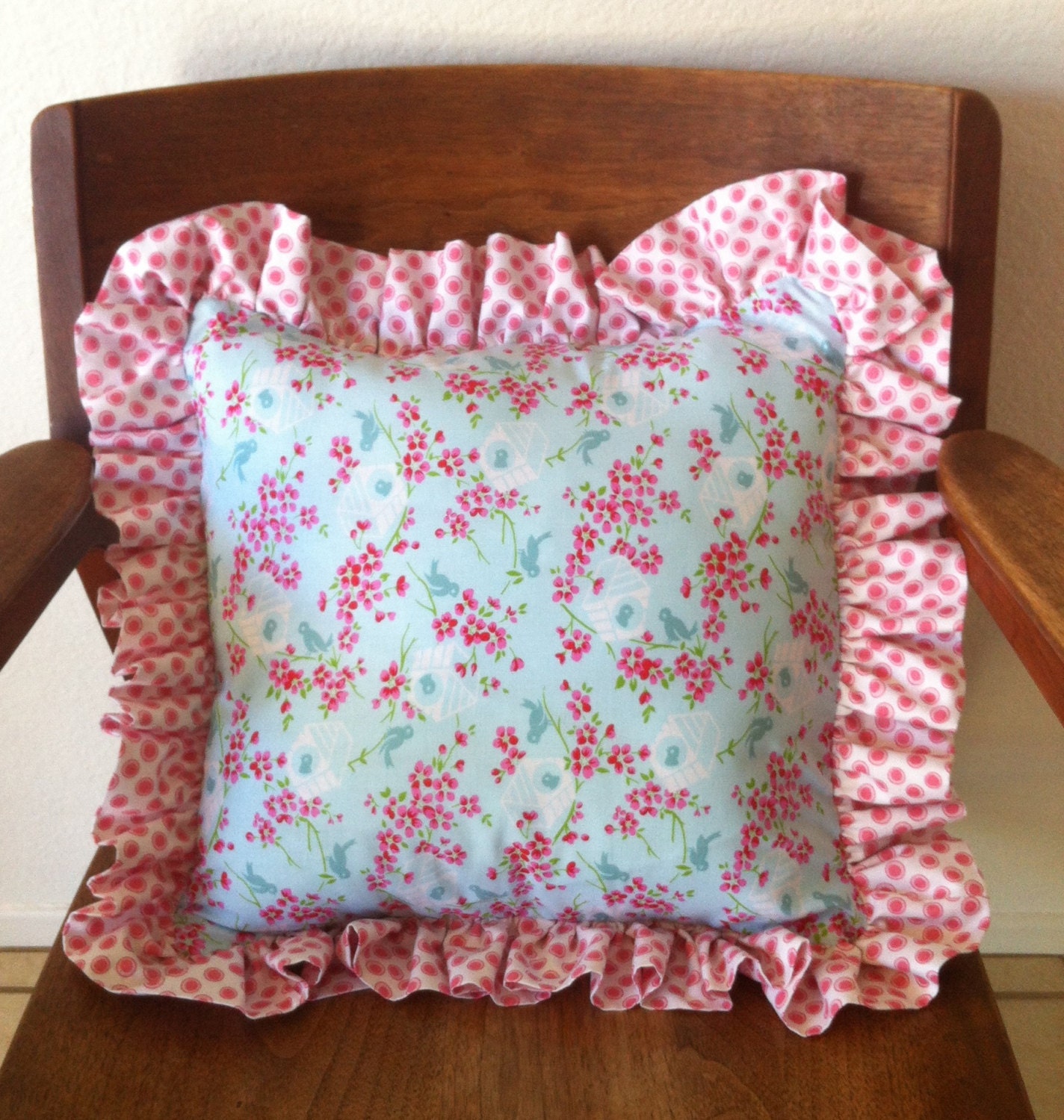 Bird and Birdhouse Pillow Case with Pink Polka Dot Ruffle