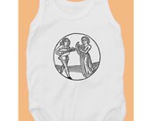 Play it again, Sam (100% White cotton baby bodysuit with medieval lovers playing music print)