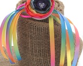 Rainbow Satin Flowered Ponytail Holder // Rainbow Ribbon Ponytail Holder