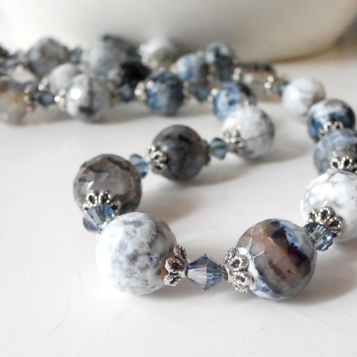 Denim Blue Agate Necklace Semi Precious Stone Jewelry Long Chunky Bead Necklace Dragon Vein Agate Jewellery Handmade