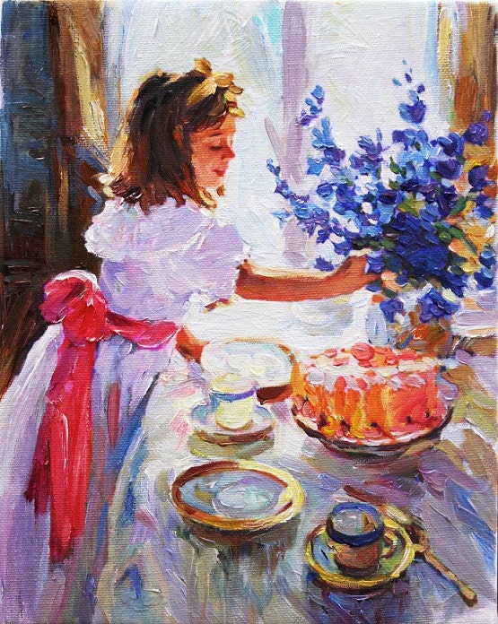 Birthday Girl Original Oil on Canvas Miniature Children Painting Kids Art Wall Decor