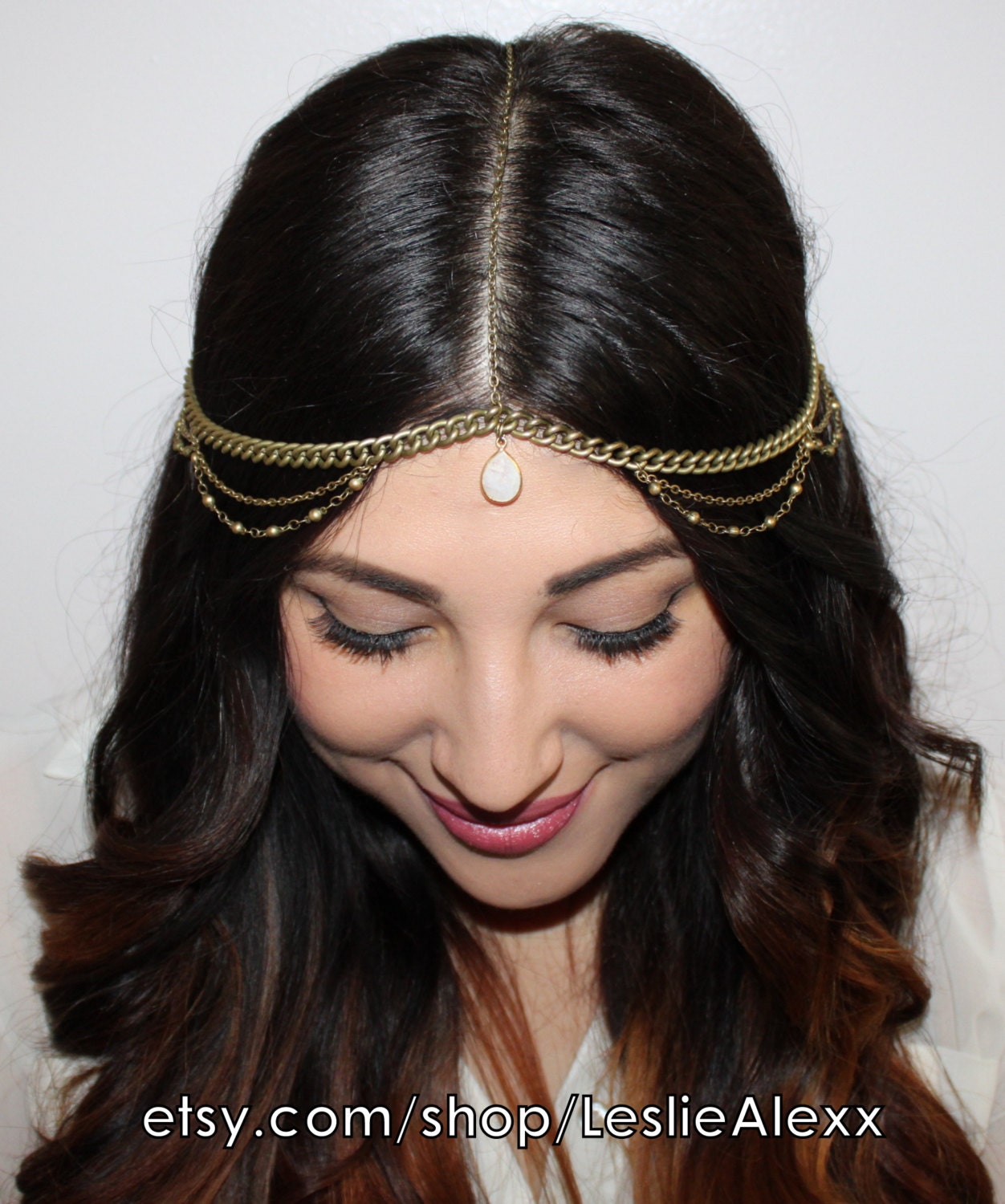Leslie Alexx. Rainbow Moonstone head piece in golden