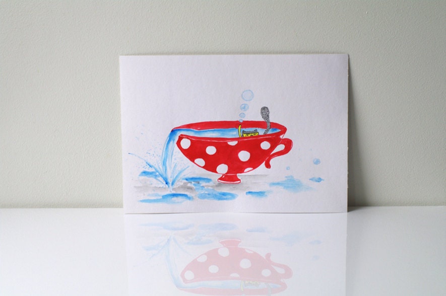 Funny watercolor cat painting Swimming kitty in red polka dots cup Cute art for nursery decor home decor wall hanging A4 size art
