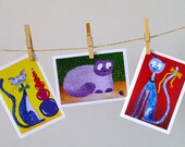 3 GREETING CARDS Funny colorful Cat painting Kitten art Cute Happy birthday animal pet art cards for children