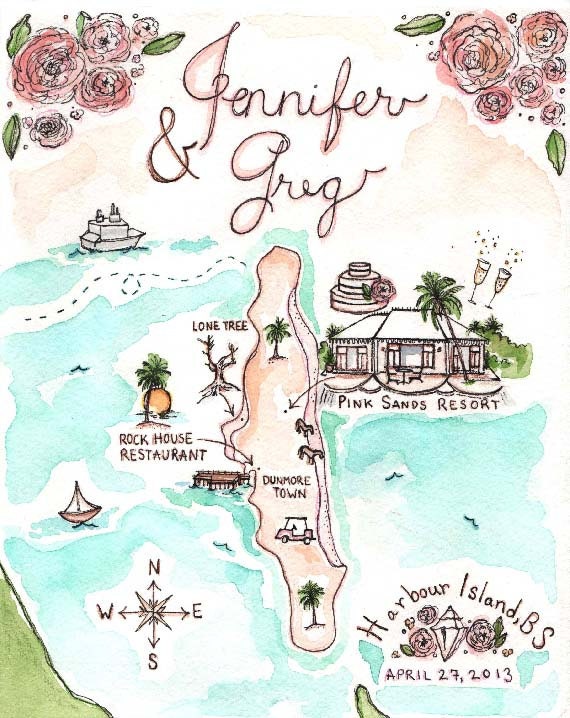 8x10-Custom Wedding Map-Bahamas-Hand Drawn Original Artwork JLH Art Studio