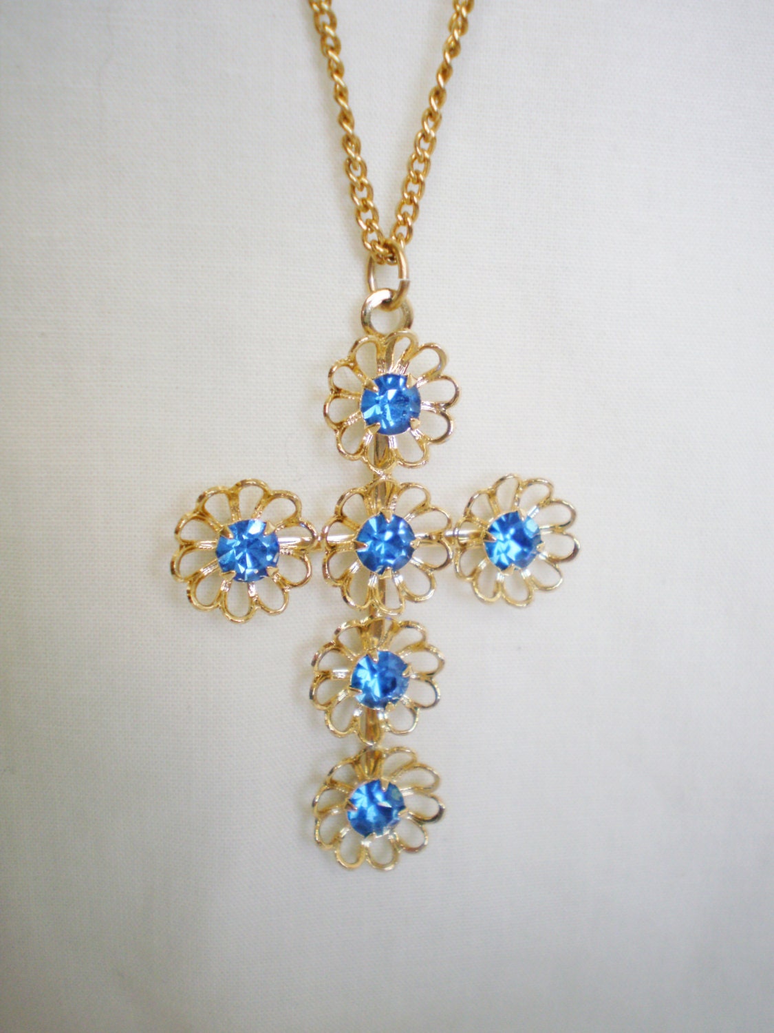 Vintage Cross Pendant Necklace - 1980s Gold Tone Blue Rhinestone