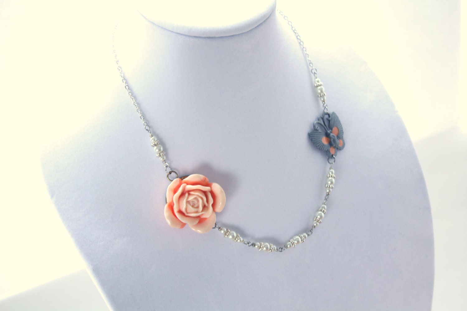 Peach Rose and Pearl Necklace with Adorable Butterfly
