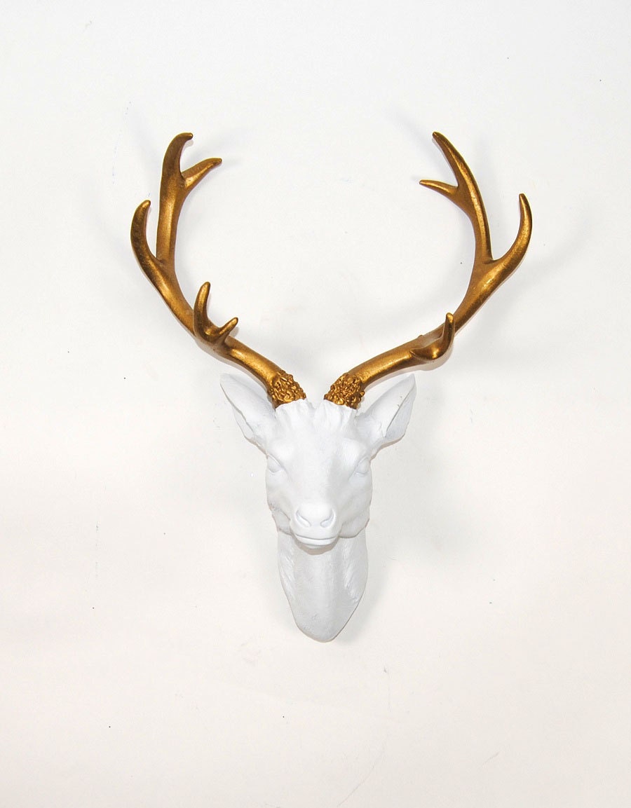 White Faux Taxidermy - Faux Deer Head - Faux Taxidermy - The Eloise with Gold Antlers - White Resin Deer Head
