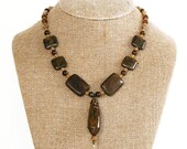 Bronzite pendant necklace / petrified wood agate / peach aventurine / vintage brass / genuine gemstone / handmade N-32