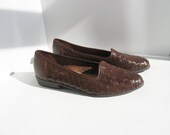 Size 8 M Ladies Brown Leather Woven Shoes Slippers Flats Made in Brazil / Womens Vintage Woven Leather Slippers