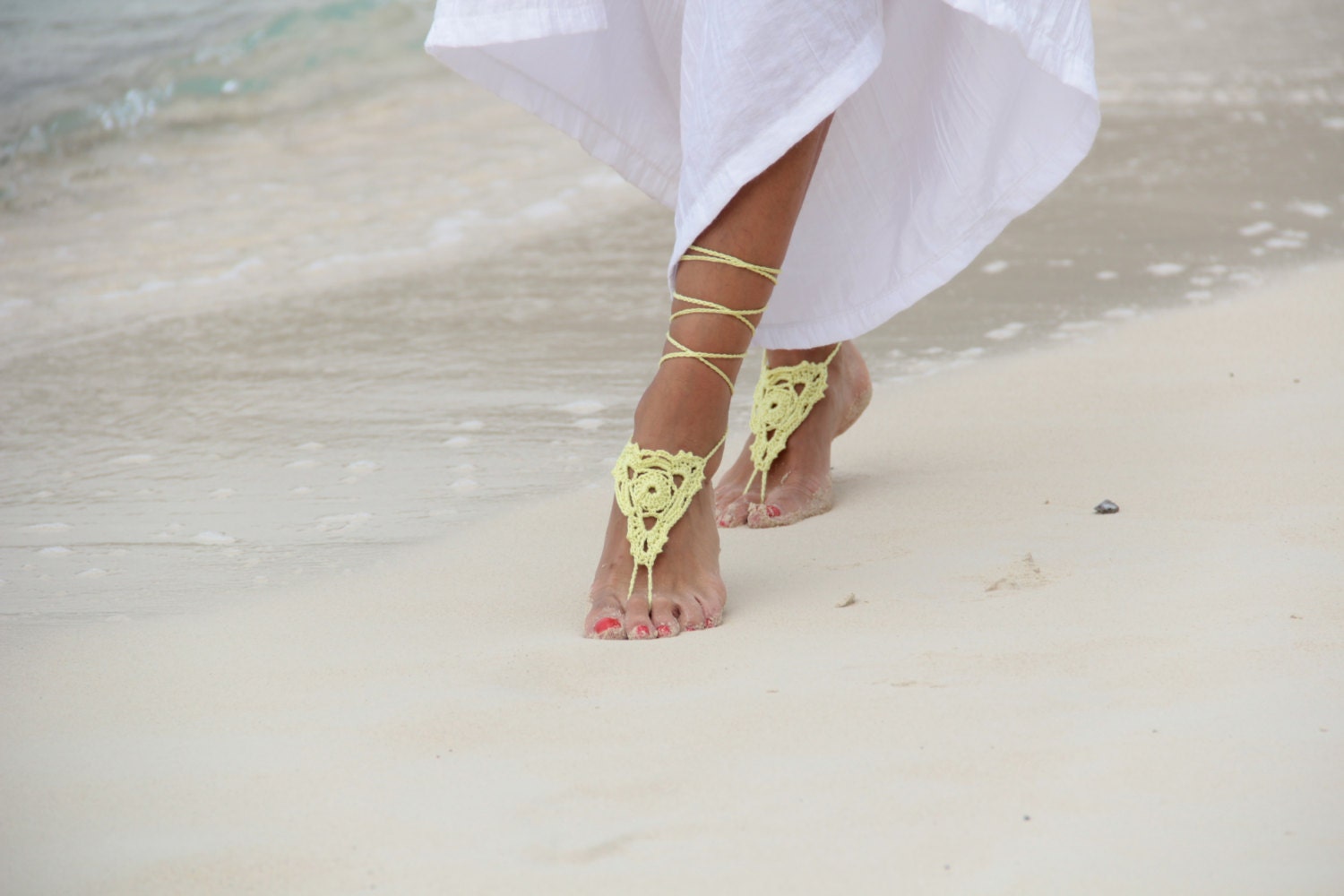 Soft yellow crochet barefoot sandal, bangle, anklet, bridesmaid accessories,bridal accessories,wedding shoes accessories