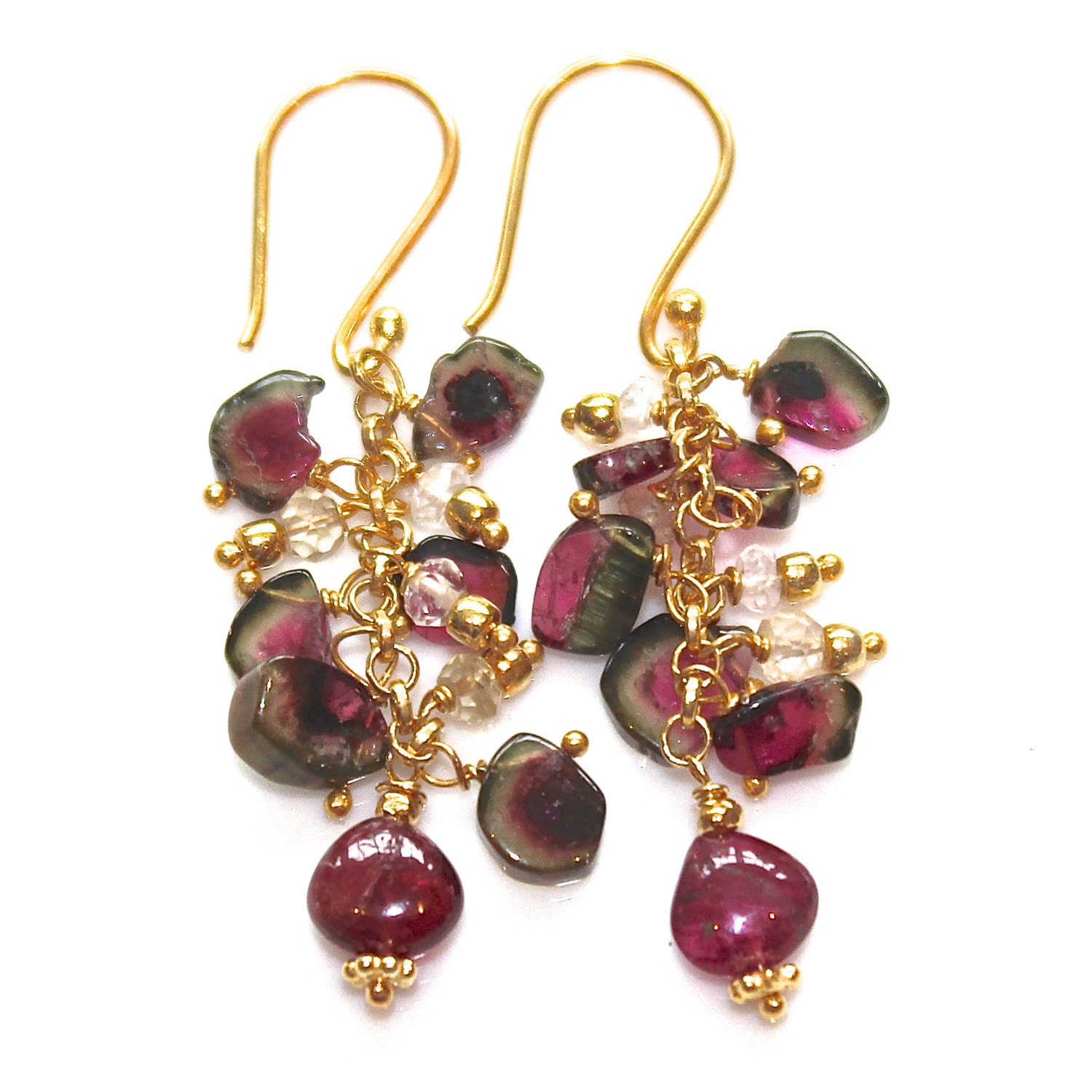 Watermelon Tourmaline Slice Earrings Cascade Gold Artisan Gemstone Jewelry