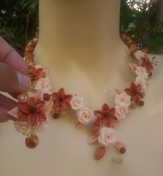 Beige chocolate jewelry Polymer necklace and earrings Handmade jewelry